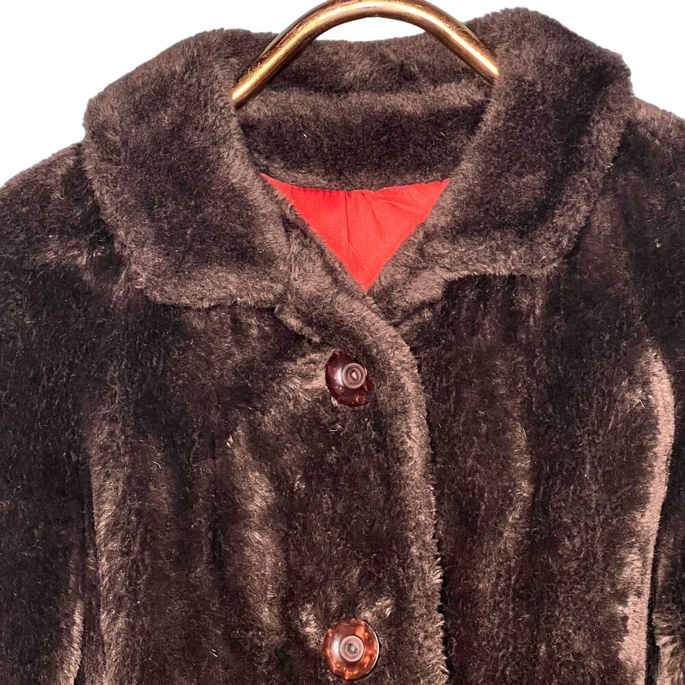 Vintage 60s Brown Faux Fur Swing Coat Button Front Collared Pockets Rockabilly - Picture 5 of 11